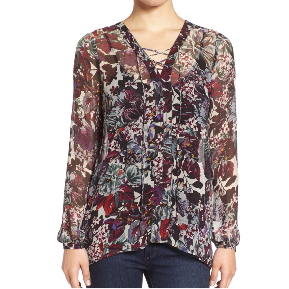 Lucky Brand | Sheer Floral Lace-Up Peasant Blouse